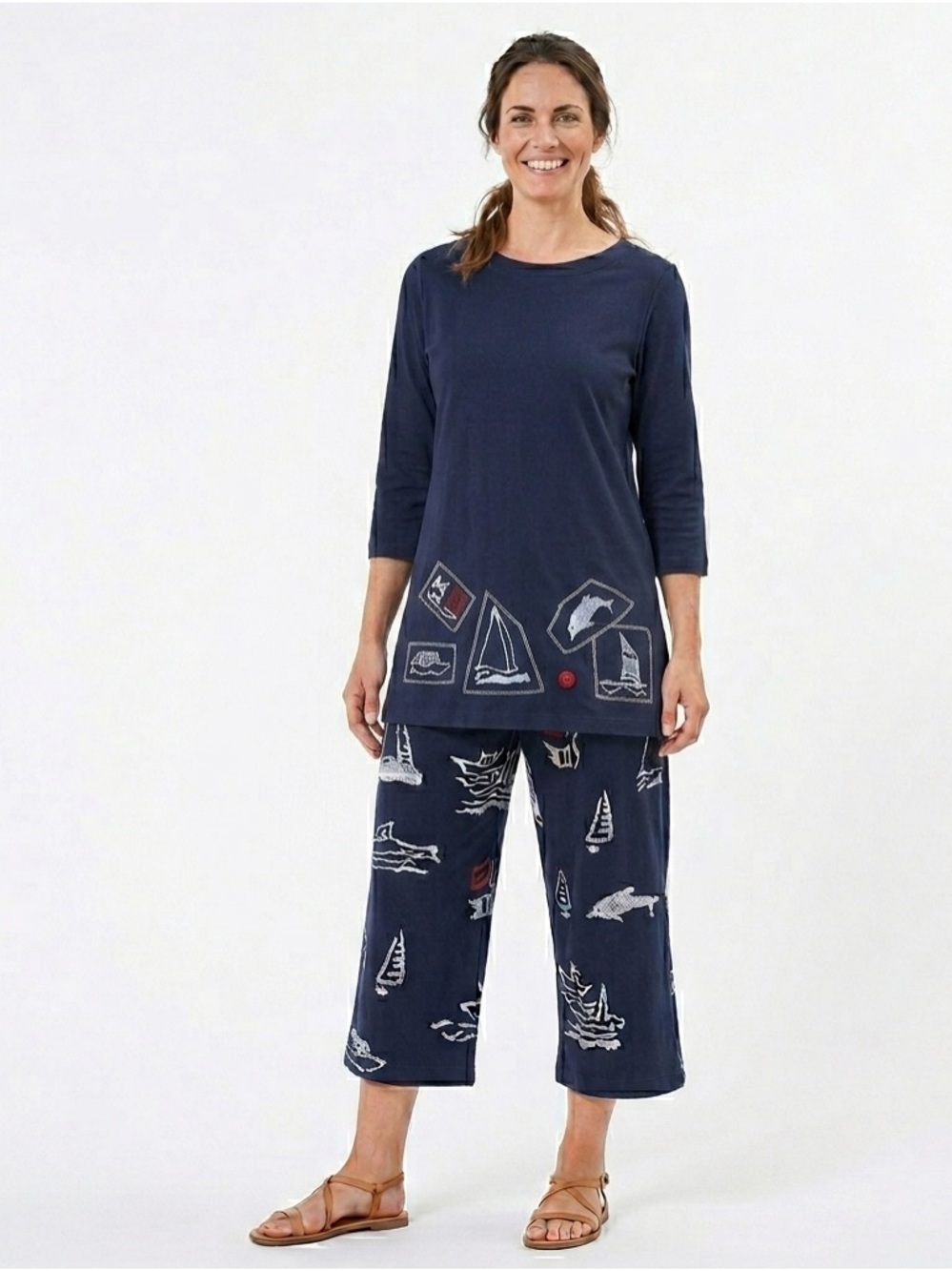 VTG Navy Blue Nautical Capris and Tunic Set Women's Casual coastal granny small